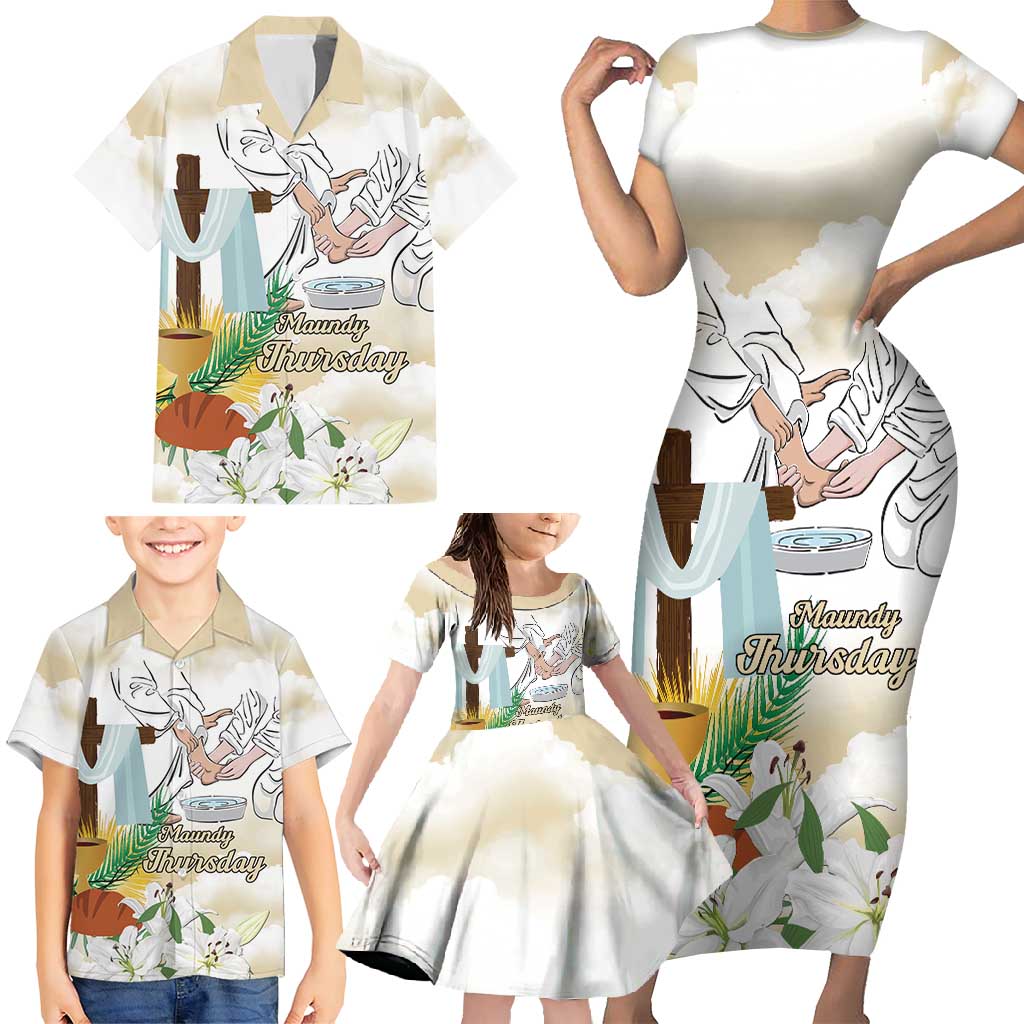 Happy Maundy Thursday Family Matching Short Sleeve Bodycon Dress and Hawaiian Shirt Jesus Christ Washing Feet