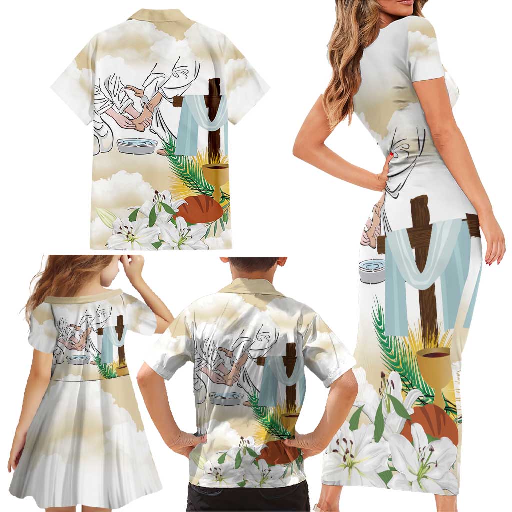 Happy Maundy Thursday Family Matching Short Sleeve Bodycon Dress and Hawaiian Shirt Jesus Christ Washing Feet