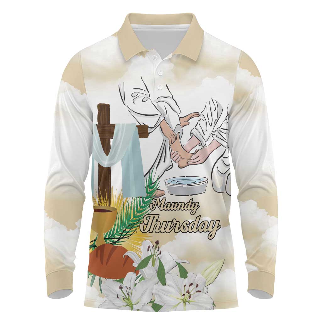 Happy Maundy Thursday Long Sleeve Polo Shirt Jesus Christ Washing Feet
