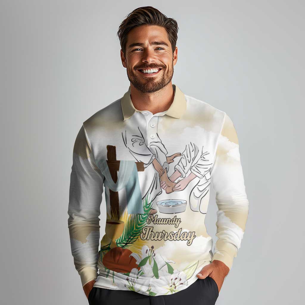 Happy Maundy Thursday Long Sleeve Polo Shirt Jesus Christ Washing Feet