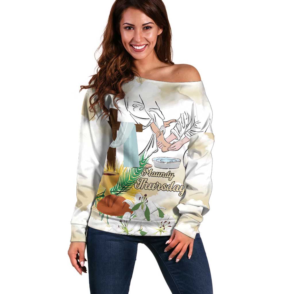 Happy Maundy Thursday Off Shoulder Sweater Jesus Christ Washing Feet
