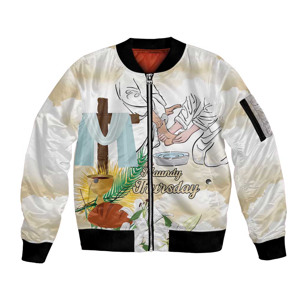 Happy Maundy Thursday Sleeve Zip Bomber Jacket Jesus Christ Washing Feet