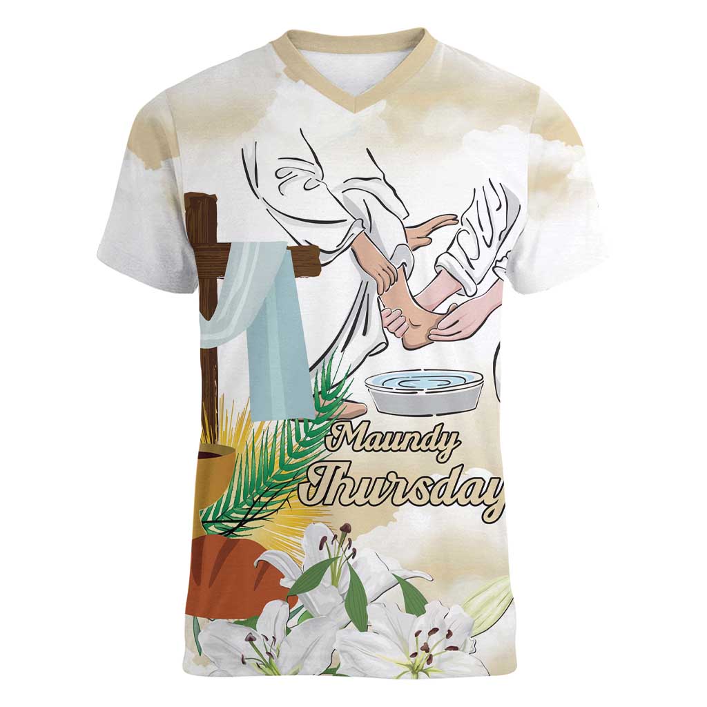 Happy Maundy Thursday Women V-Neck T-Shirt Jesus Christ Washing Feet
