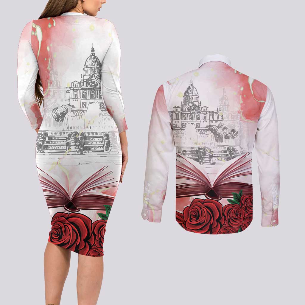 Happy Saint George's Day Couples Matching Long Sleeve Bodycon Dress and Long Sleeve Button Shirt Diada de Sant Jordi