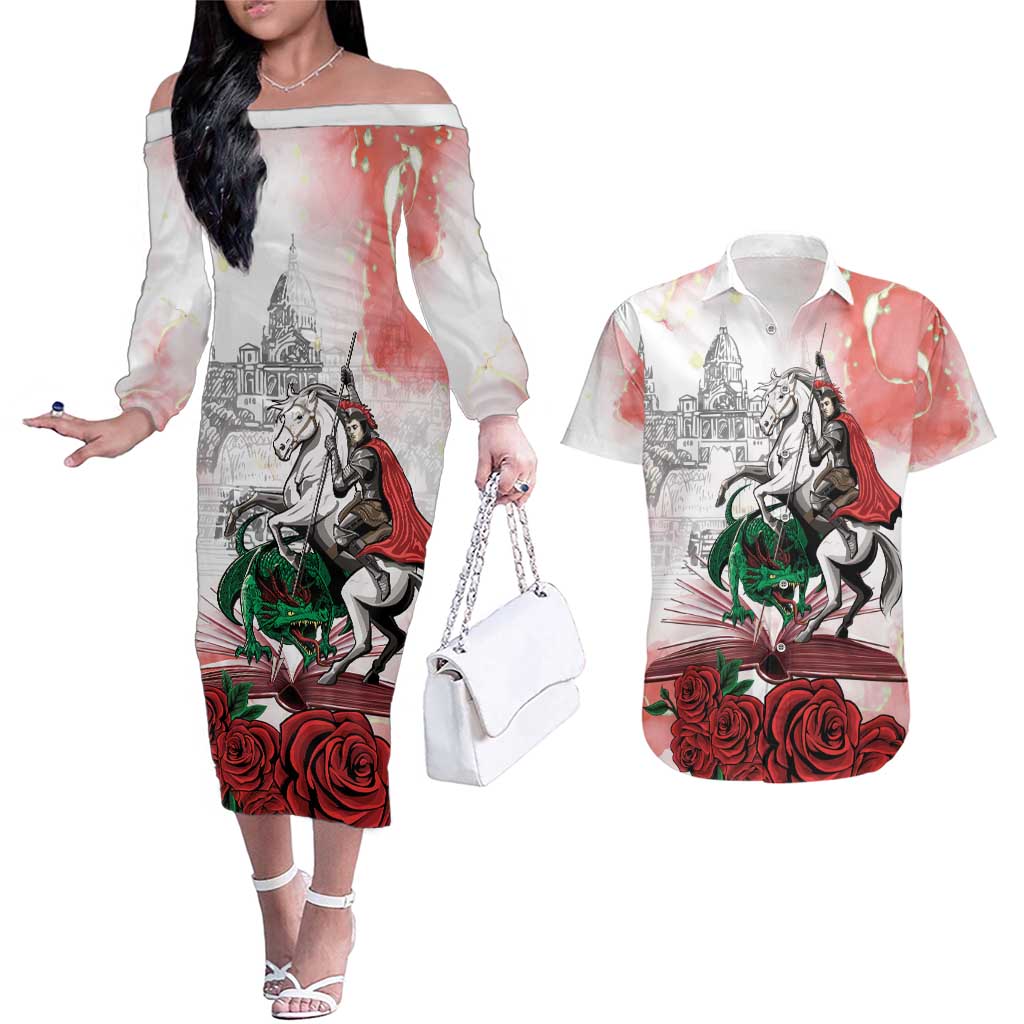 Happy Saint George's Day Couples Matching Off The Shoulder Long Sleeve Dress and Hawaiian Shirt Diada de Sant Jordi