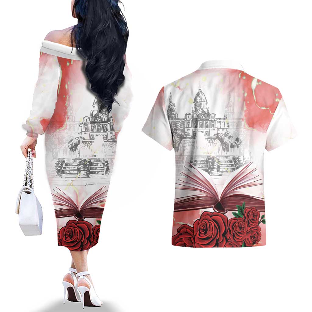 Happy Saint George's Day Couples Matching Off The Shoulder Long Sleeve Dress and Hawaiian Shirt Diada de Sant Jordi