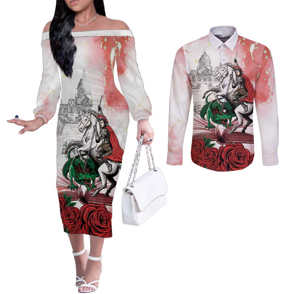 Happy Saint George's Day Couples Matching Off The Shoulder Long Sleeve Dress and Long Sleeve Button Shirt Diada de Sant Jordi