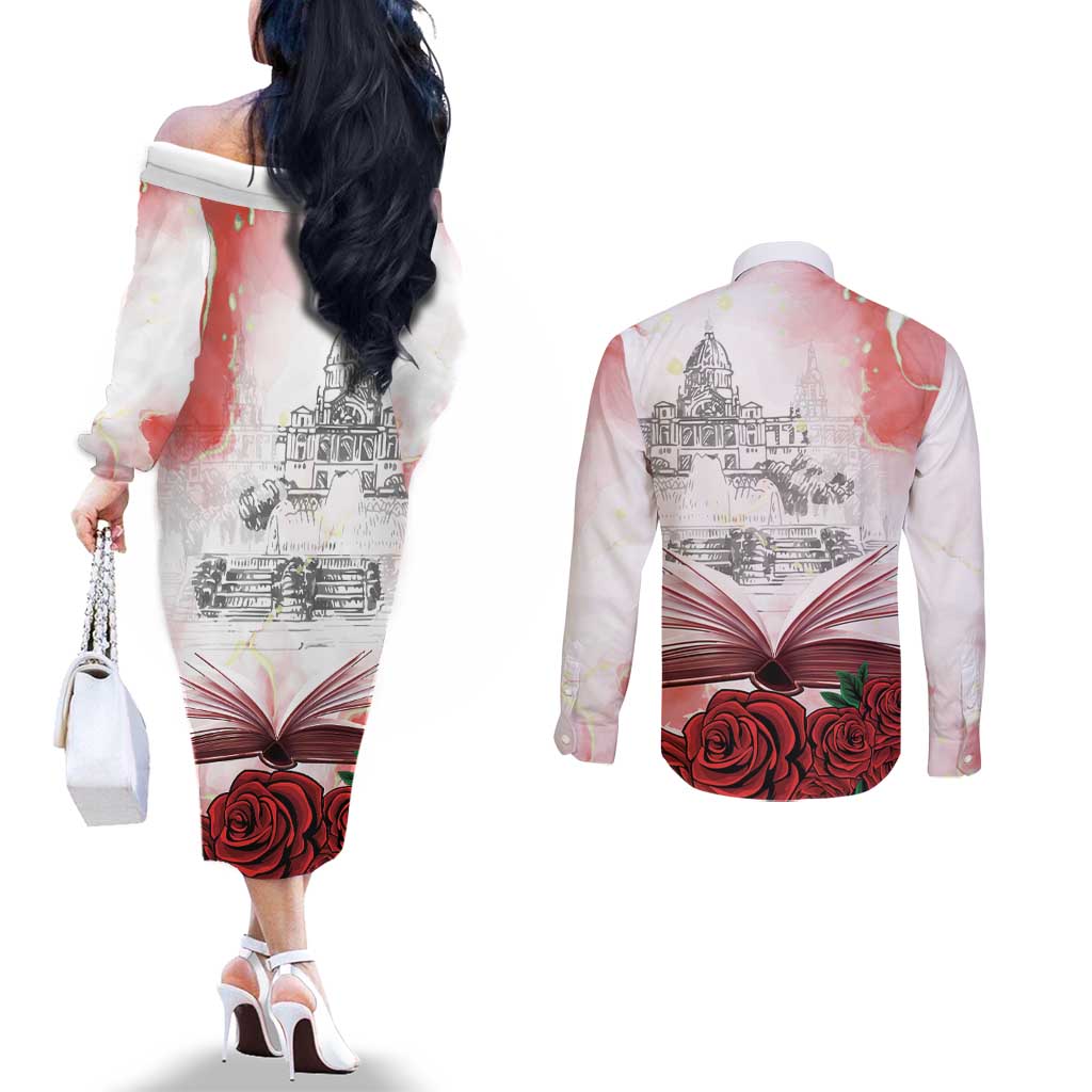 Happy Saint George's Day Couples Matching Off The Shoulder Long Sleeve Dress and Long Sleeve Button Shirt Diada de Sant Jordi