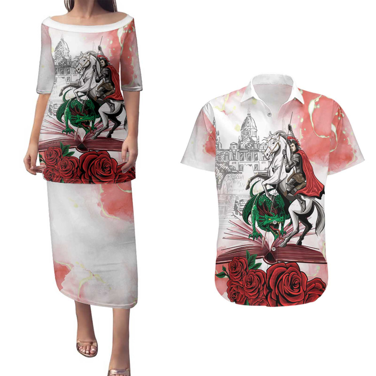 Happy Saint George's Day Couples Matching Puletasi and Hawaiian Shirt Diada de Sant Jordi