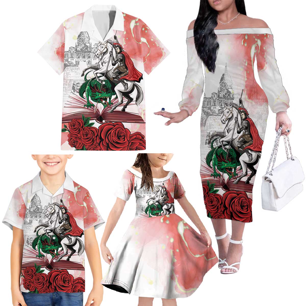 Happy Saint George's Day Family Matching Off The Shoulder Long Sleeve Dress and Hawaiian Shirt Diada de Sant Jordi