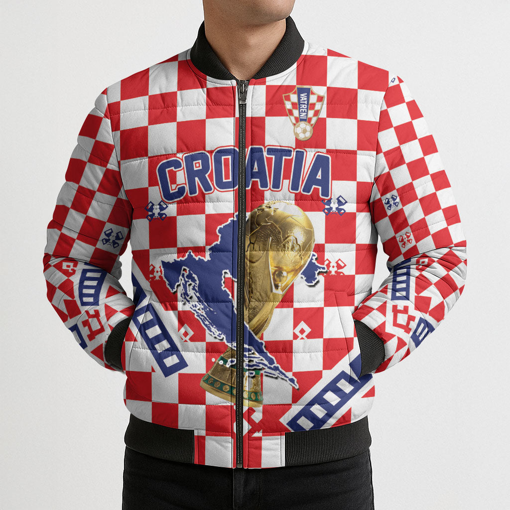 Custom World Football Croatia Bomber Puffer Jacket Fearless Red Check Power