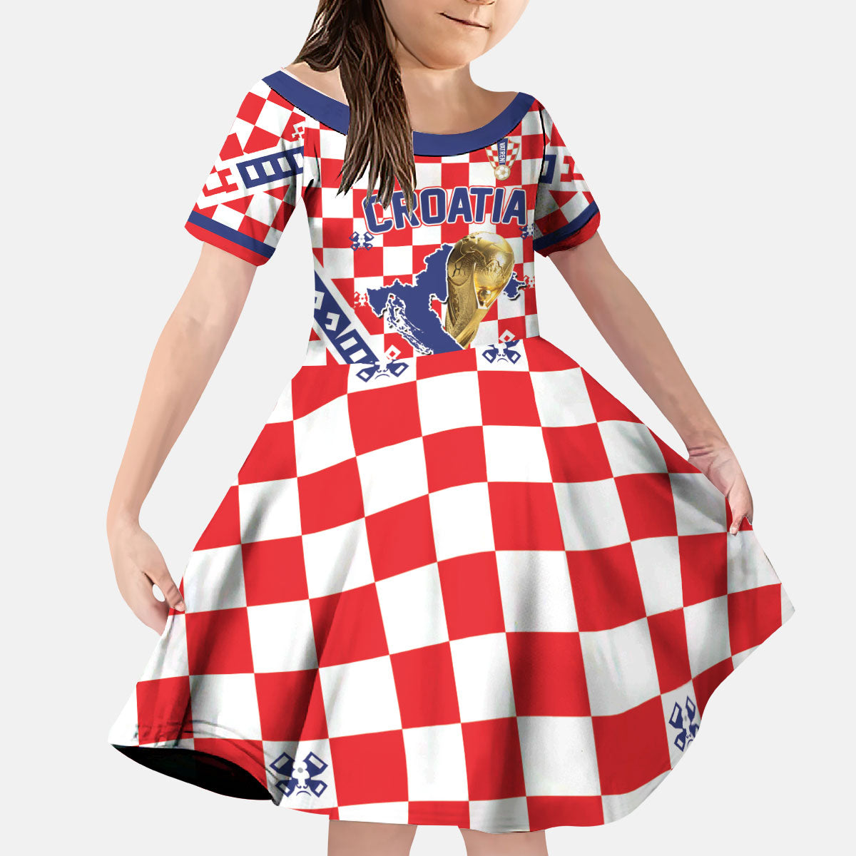 Custom World Football Croatia Kid Short Sleeve Dress Fearless Red Check Power