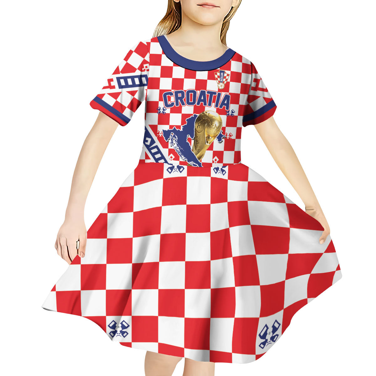 Custom World Football Croatia Kid Short Sleeve Dress Fearless Red Check Power