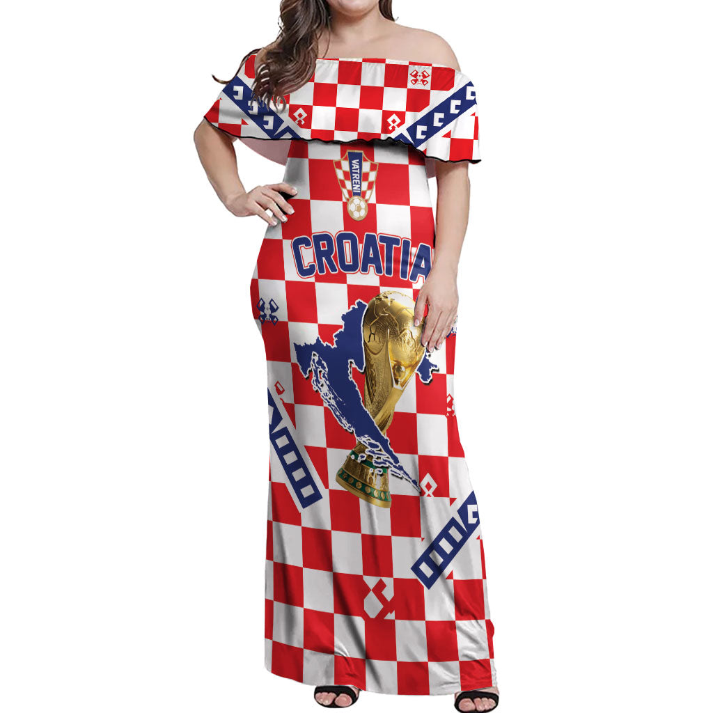 Custom World Football Croatia Off Shoulder Maxi Dress Fearless Red Check Power