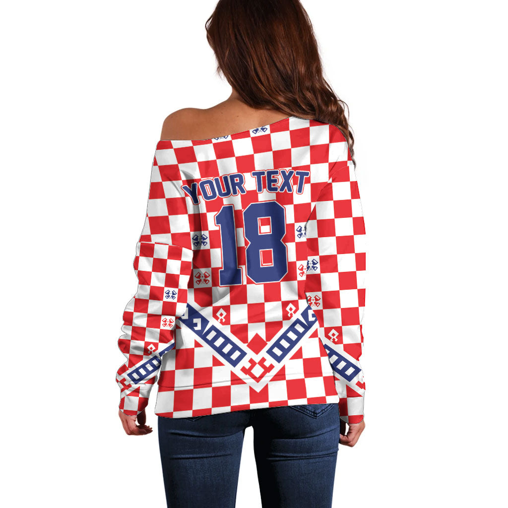 Custom World Football Croatia Off Shoulder Sweater Fearless Red Check Power