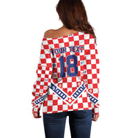 Custom World Football Croatia Off Shoulder Sweater Fearless Red Check Power