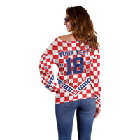 Custom World Football Croatia Off Shoulder Sweater Fearless Red Check Power