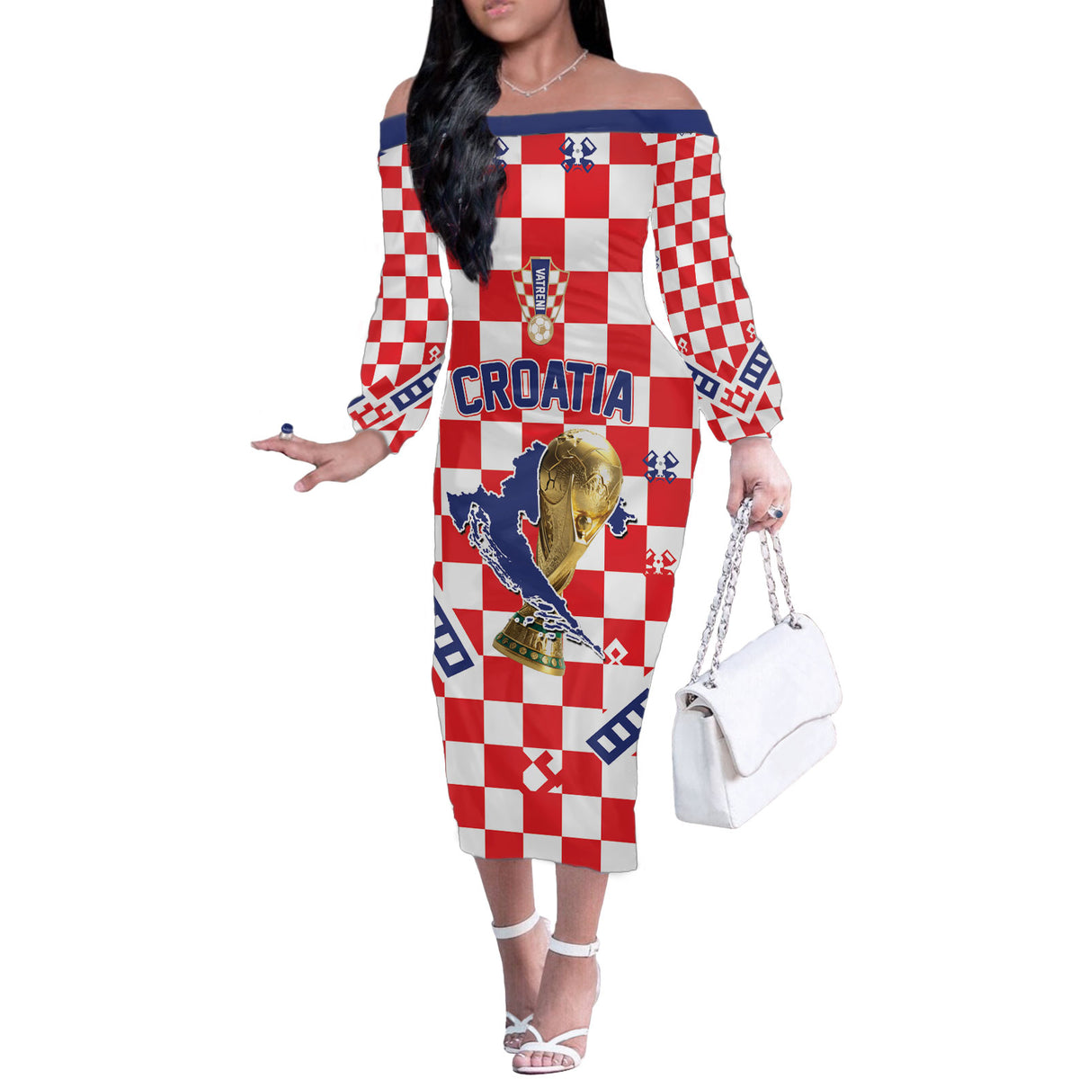 Custom World Football Croatia Off The Shoulder Long Sleeve Dress Fearless Red Check Power