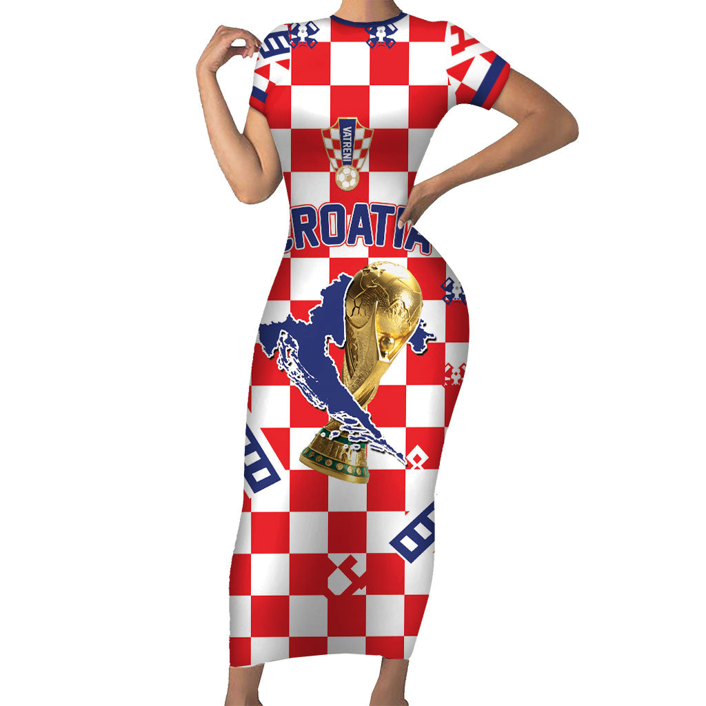 Custom World Football Croatia Short Sleeve Bodycon Dress Fearless Red Check Power
