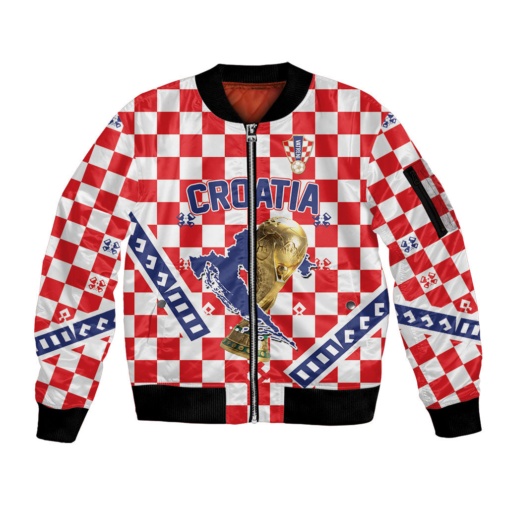 Custom World Football Croatia Sleeve Zip Bomber Jacket Fearless Red Check Power