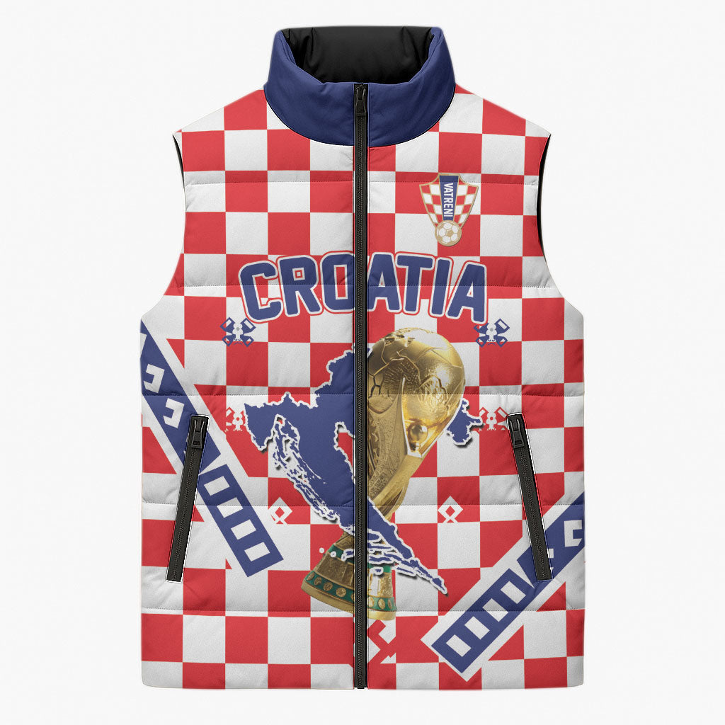 Custom World Football Croatia Sleeveless Puffer Jacket Fearless Red Check Power