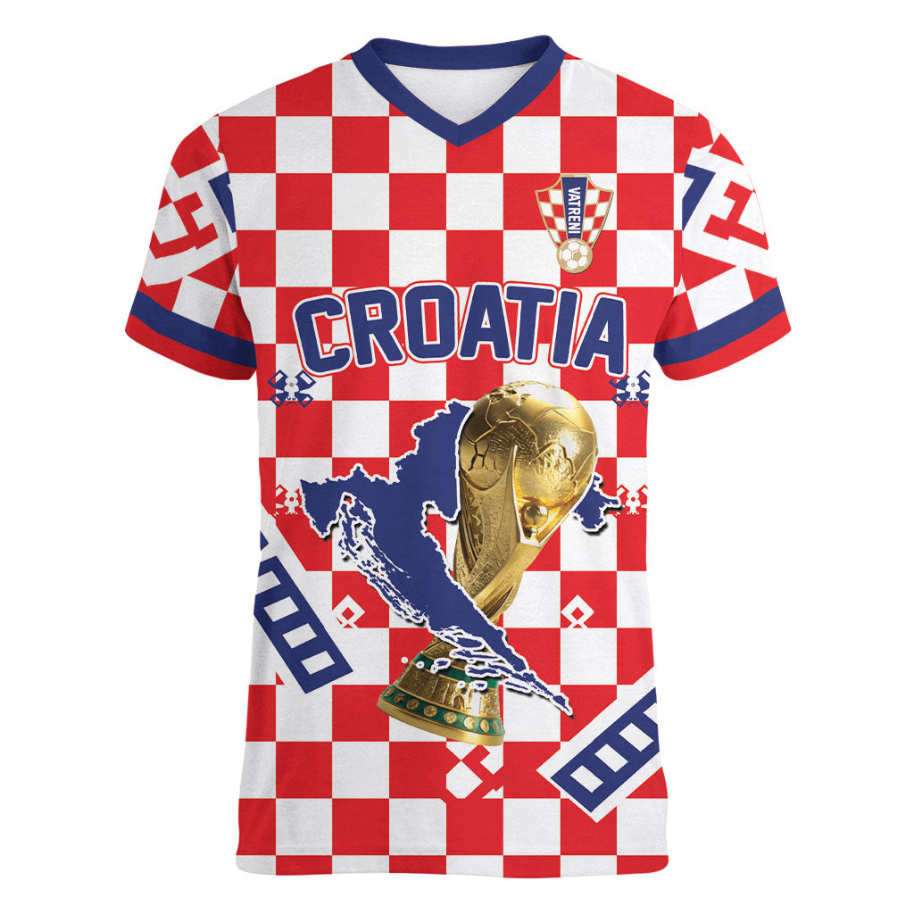 Custom World Football Croatia Women V-Neck T-Shirt Fearless Red Check Power