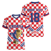 Custom World Football Croatia Women V-Neck T-Shirt Fearless Red Check Power