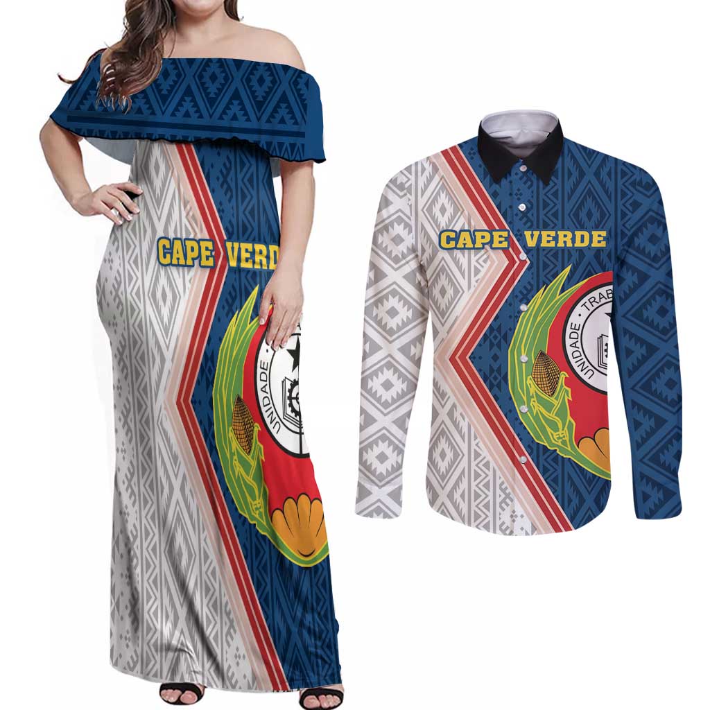 Cape Verde Couples Matching Off Shoulder Maxi Dress and Long Sleeve Button Shirt Verde Coat Of Arms And Pattern - Wonder Print Shop