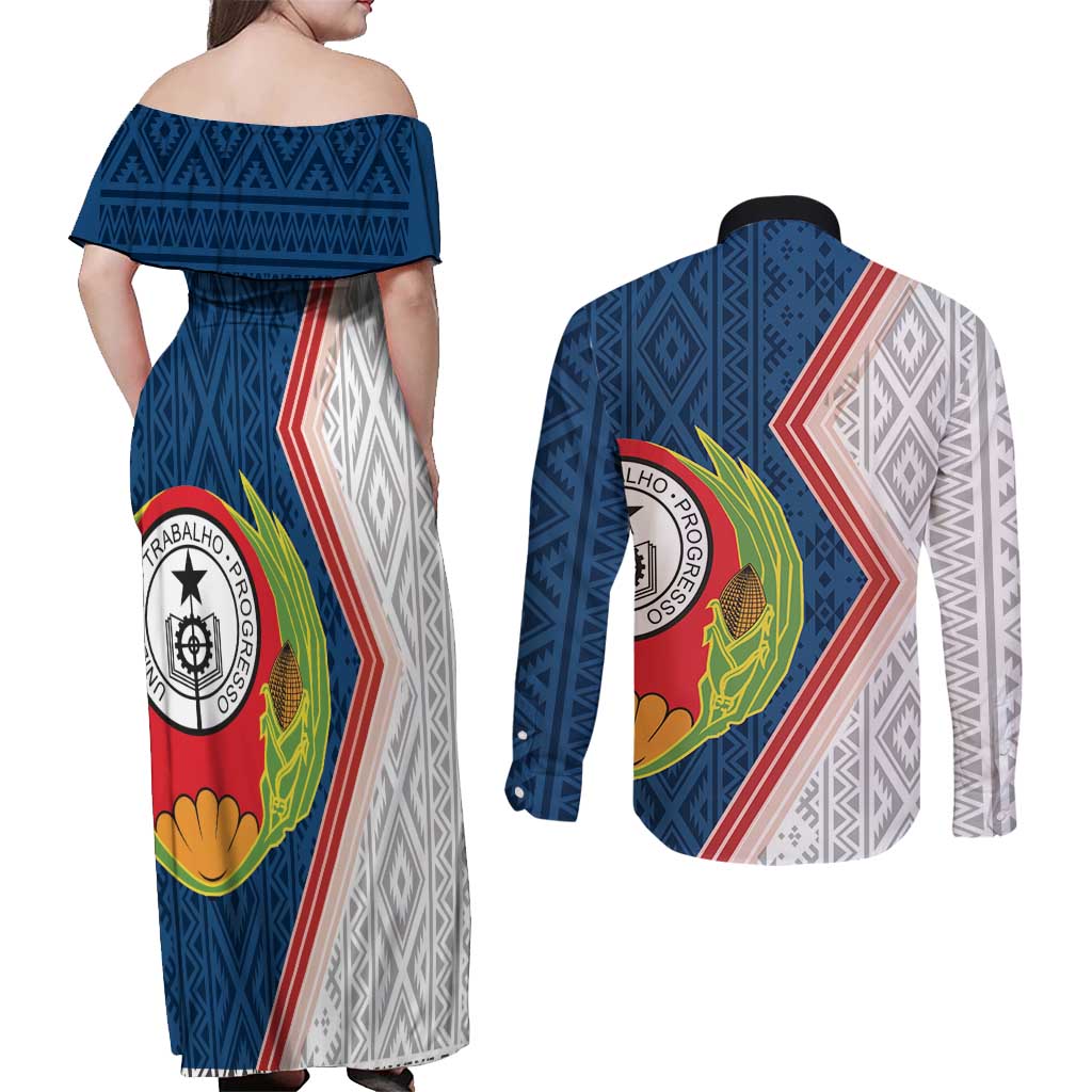 Cape Verde Couples Matching Off Shoulder Maxi Dress and Long Sleeve Button Shirt Verde Coat Of Arms And Pattern - Wonder Print Shop