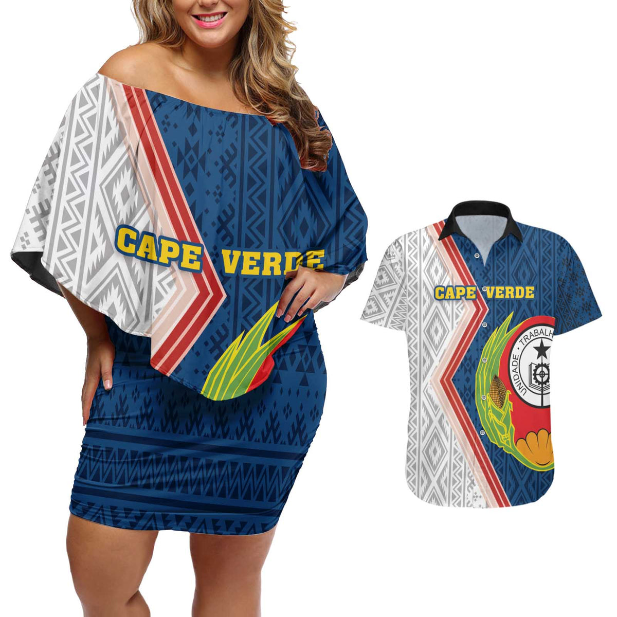 Cape Verde Couples Matching Off Shoulder Short Dress and Hawaiian Shirt Verde Coat Of Arms And Pattern - Wonder Print Shop