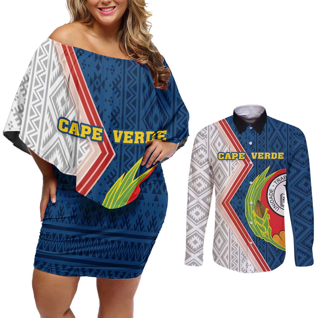Cape Verde Couples Matching Off Shoulder Short Dress and Long Sleeve Button Shirt Verde Coat Of Arms And Pattern - Wonder Print Shop