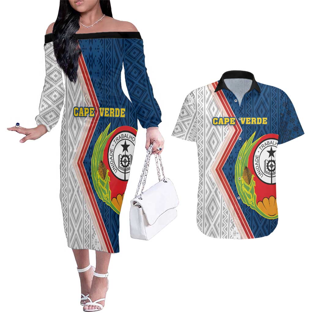 Cape Verde Couples Matching Off The Shoulder Long Sleeve Dress and Hawaiian Shirt Verde Coat Of Arms And Pattern - Wonder Print Shop