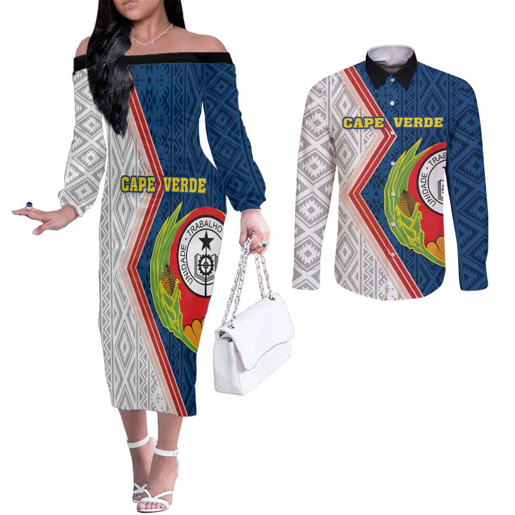 Cape Verde Couples Matching Off The Shoulder Long Sleeve Dress and Long Sleeve Button Shirt Verde Coat Of Arms And Pattern
