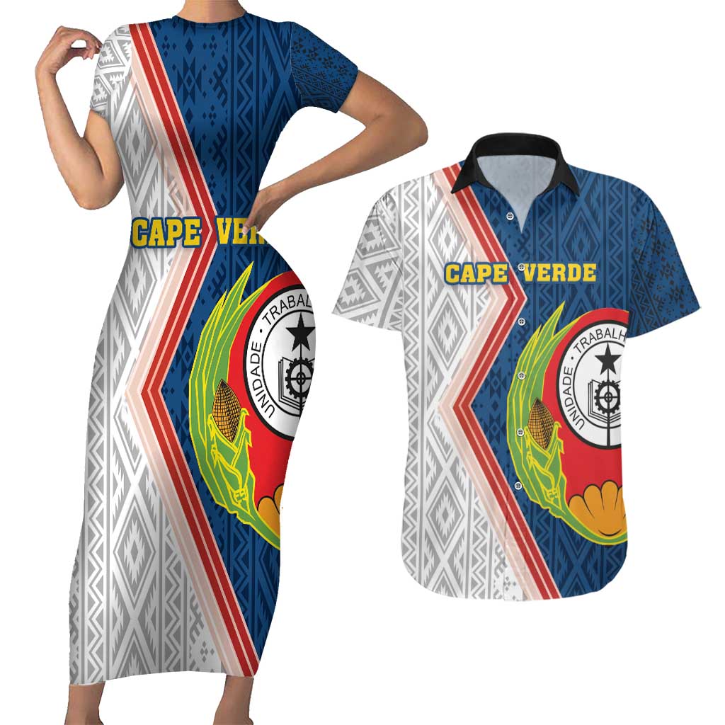 Cape Verde Couples Matching Short Sleeve Bodycon Dress and Hawaiian Shirt Verde Coat Of Arms And Pattern - Wonder Print Shop