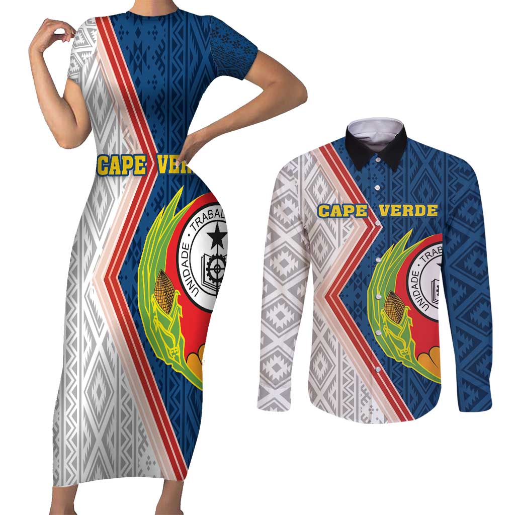 Cape Verde Couples Matching Short Sleeve Bodycon Dress and Long Sleeve Button Shirt Verde Coat Of Arms And Pattern - Wonder Print Shop