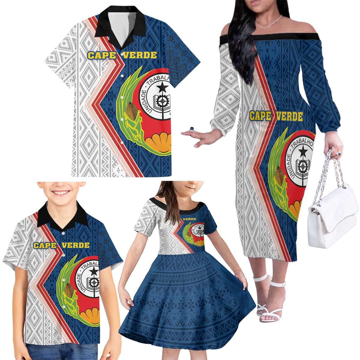 Cape Verde Family Matching Off The Shoulder Long Sleeve Dress and Hawaiian Shirt Verde Coat Of Arms And Pattern - Wonder Print Shop