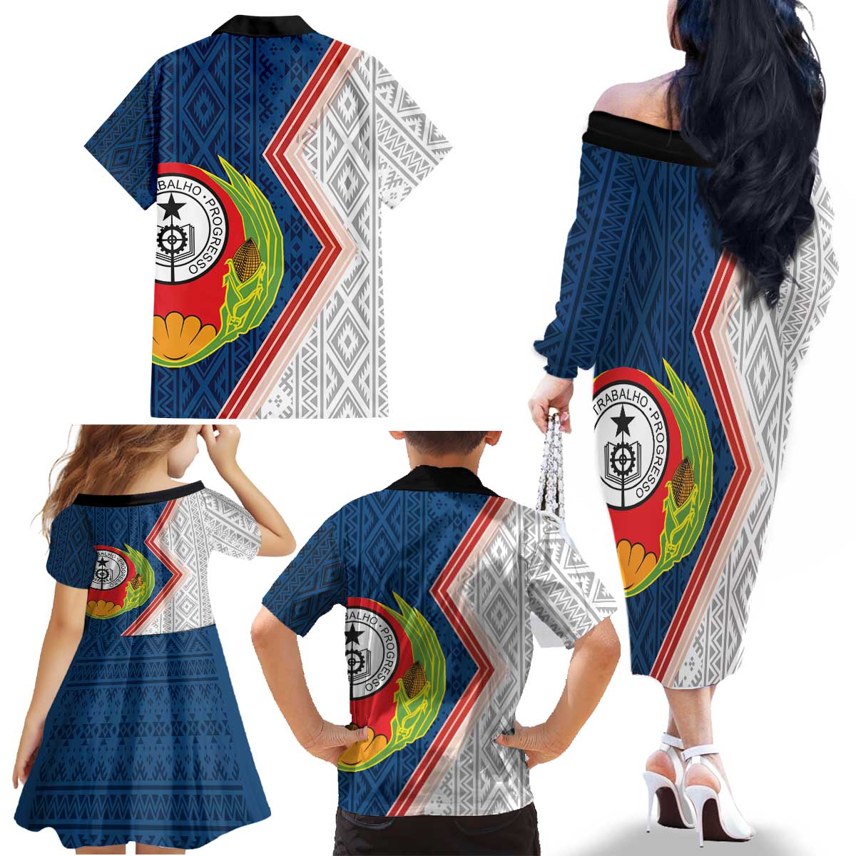 Cape Verde Family Matching Off The Shoulder Long Sleeve Dress and Hawaiian Shirt Verde Coat Of Arms And Pattern - Wonder Print Shop