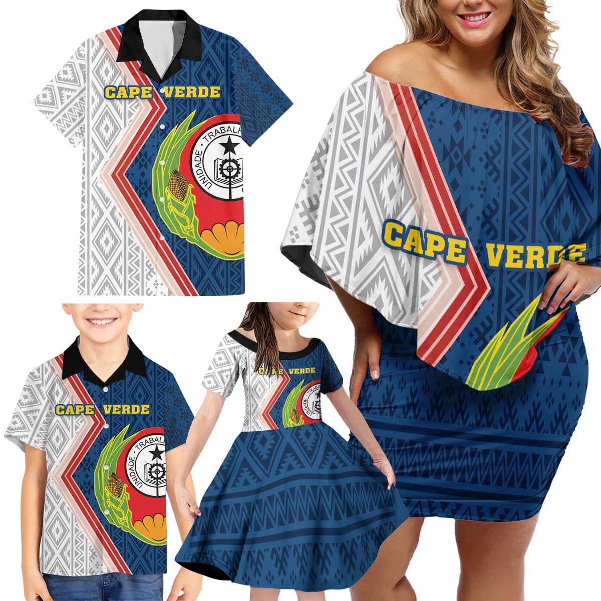 Cape Verde Family Matching Off Shoulder Short Dress and Hawaiian Shirt Verde Coat Of Arms And Pattern - Wonder Print Shop