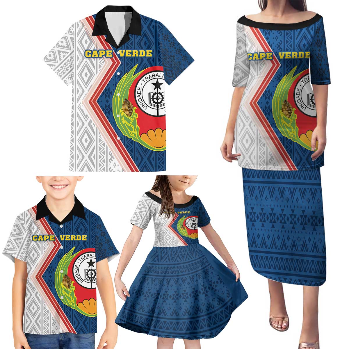 Cape Verde Family Matching Puletasi and Hawaiian Shirt Verde Coat Of Arms And Pattern - Wonder Print Shop