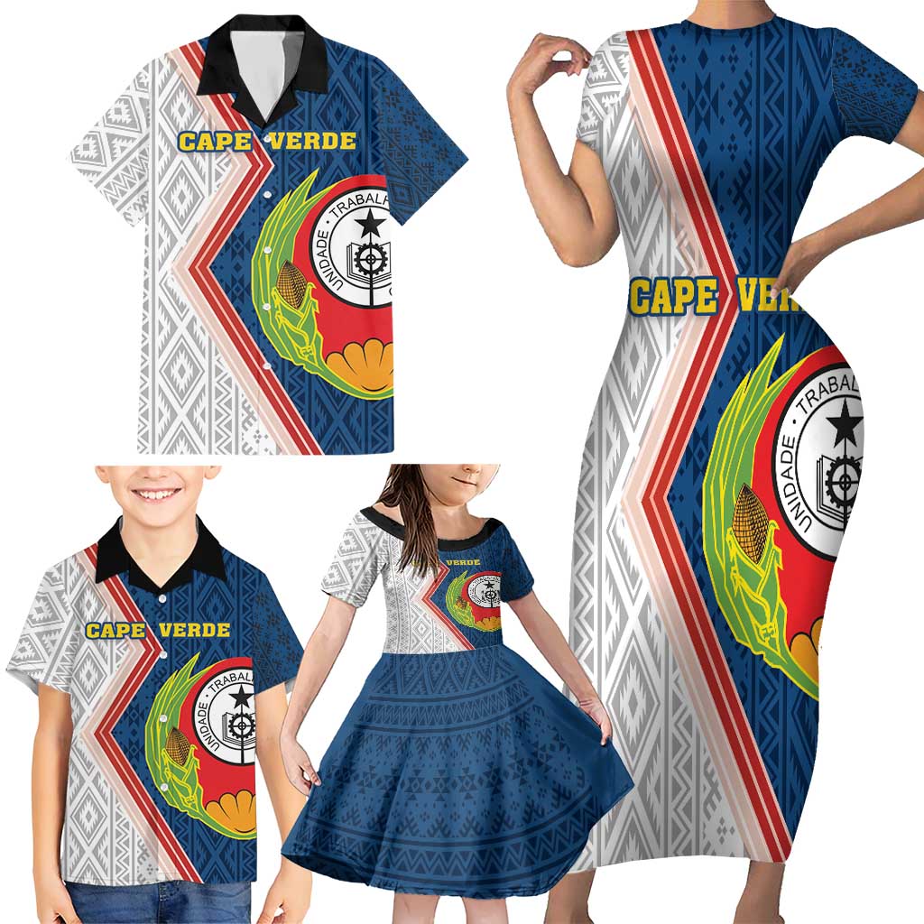 Cape Verde Family Matching Short Sleeve Bodycon Dress and Hawaiian Shirt Verde Coat Of Arms And Pattern - Wonder Print Shop