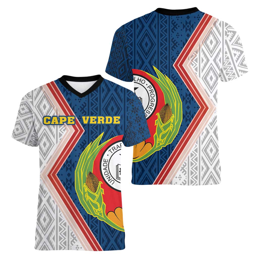 Cape Verde Women V-Neck T-Shirt Verde Coat Of Arms And Pattern - Wonder Print Shop
