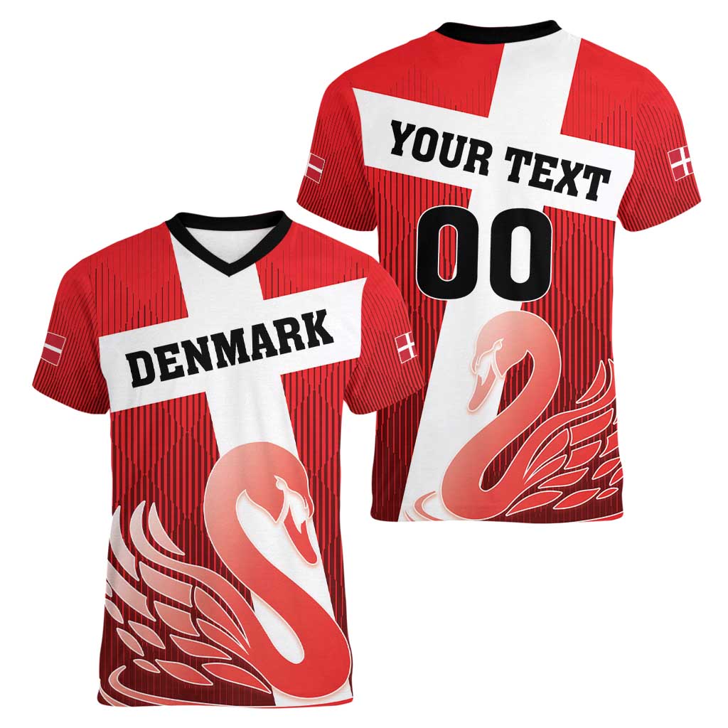 Custom Denmark Football Women V-Neck T-Shirt Mute Swan - Wonder Print Shop