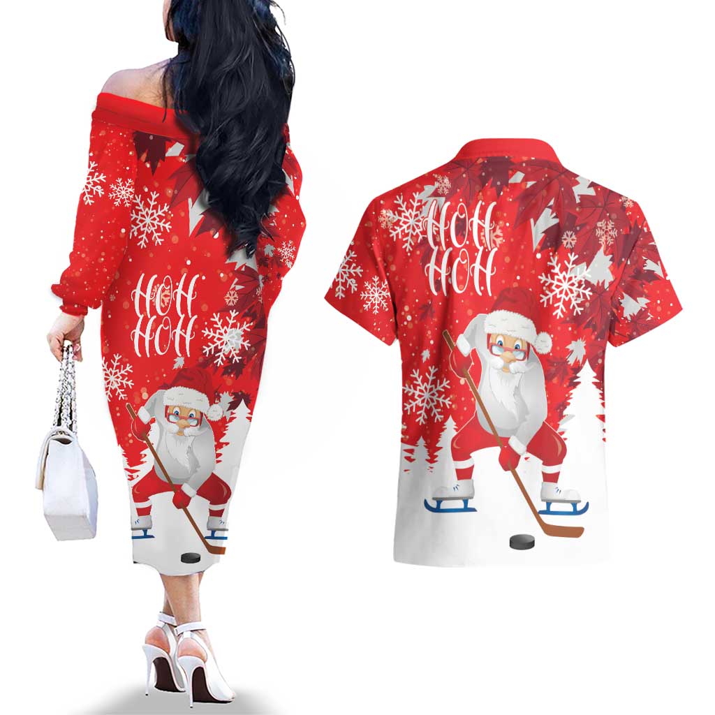 Canada Christmas Couples Matching Off The Shoulder Long Sleeve Dress and Hawaiian Shirt Santa Play Hockey - Winter Forest - Wonder Print Shop