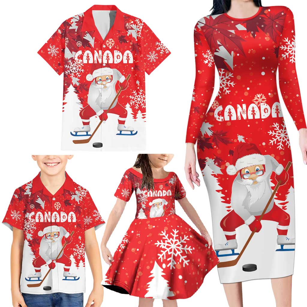 Canada Christmas Family Matching Long Sleeve Bodycon Dress and Hawaiian Shirt Santa Play Hockey - Winter Forest - Wonder Print Shop