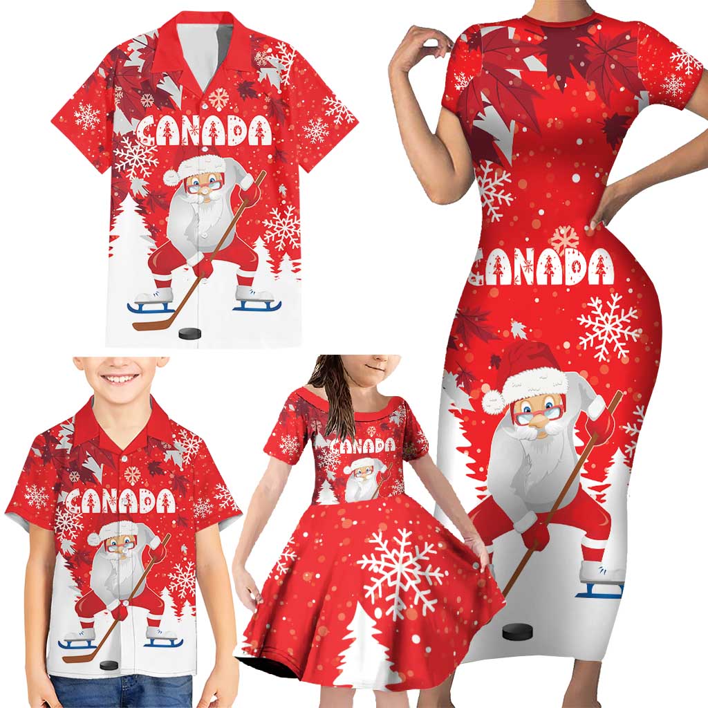Canada Christmas Family Matching Short Sleeve Bodycon Dress and Hawaiian Shirt Santa Play Hockey - Winter Forest - Wonder Print Shop