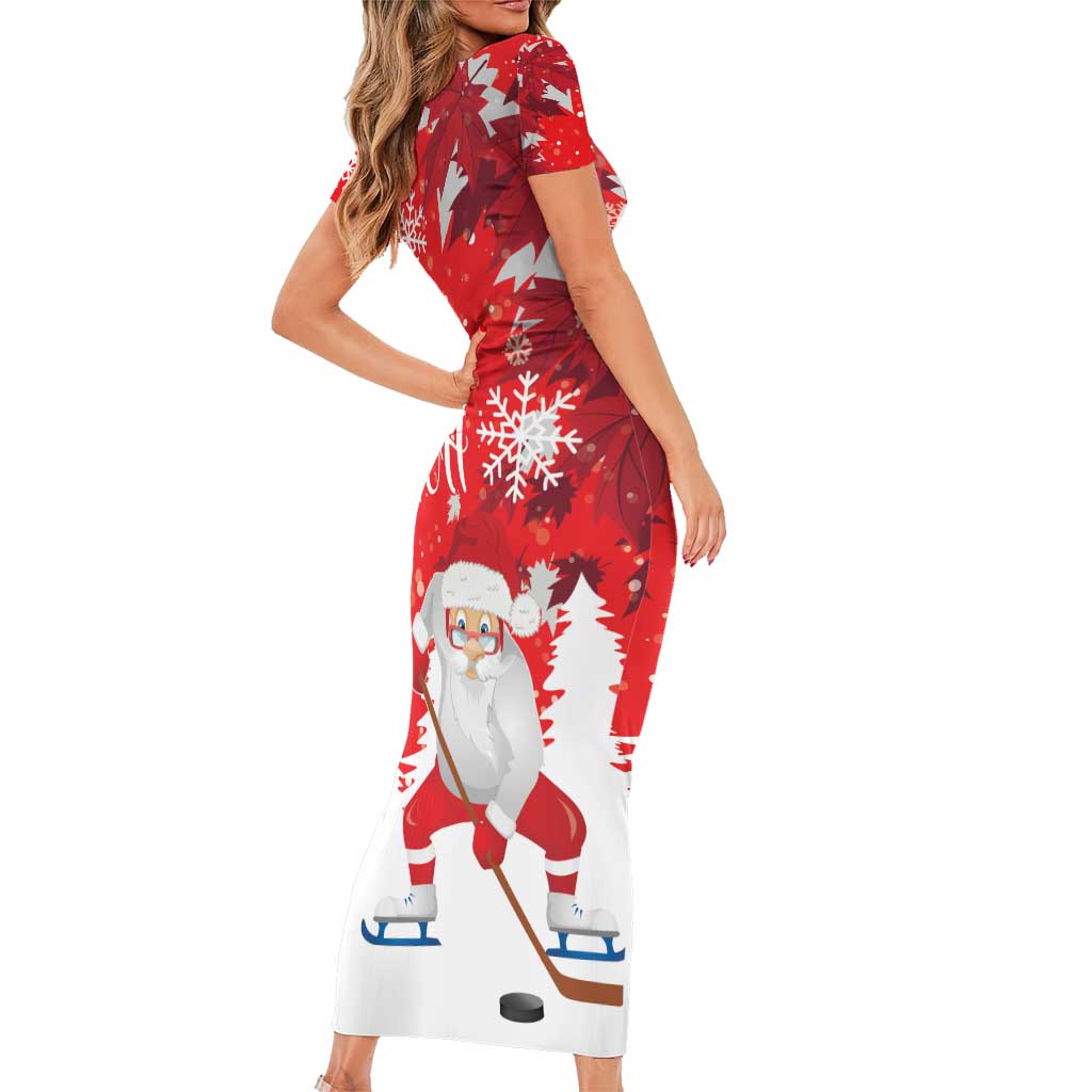 Canada Christmas Family Matching Short Sleeve Bodycon Dress and Hawaiian Shirt Santa Play Hockey - Winter Forest - Wonder Print Shop