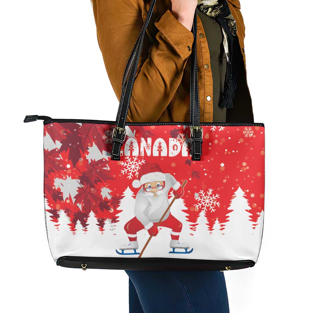 Canada Christmas Leather Tote Bag Santa Play Hockey - Winter Forest - Wonder Print Shop