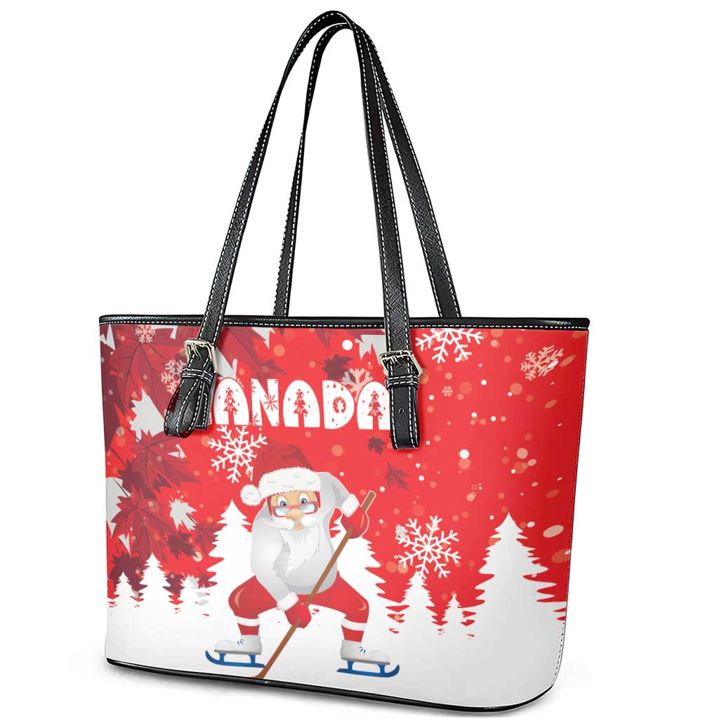 Canada Christmas Leather Tote Bag Santa Play Hockey - Winter Forest - Wonder Print Shop