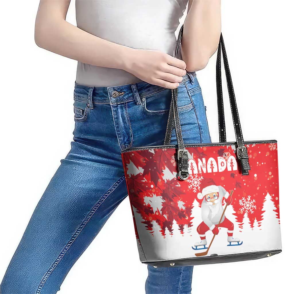 Canada Christmas Leather Tote Bag Santa Play Hockey - Winter Forest - Wonder Print Shop