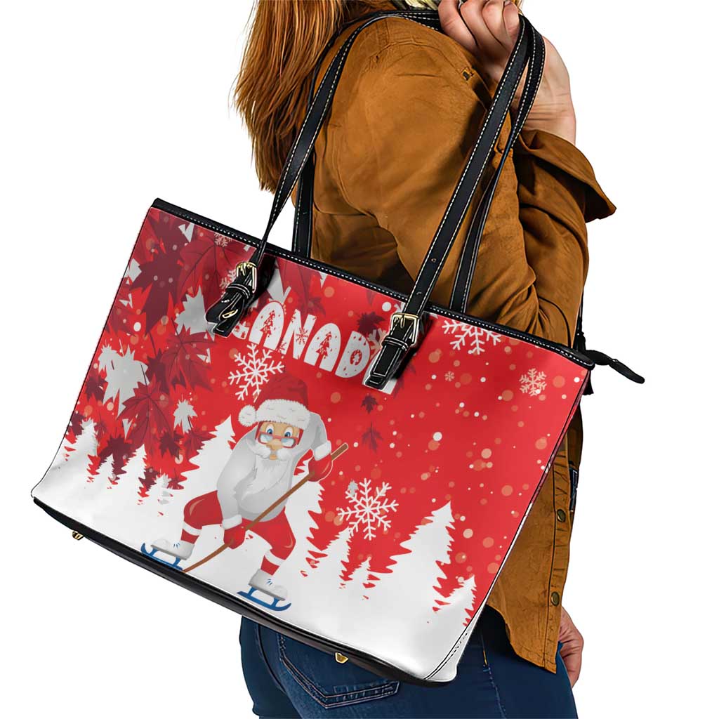 Canada Christmas Leather Tote Bag Santa Play Hockey - Winter Forest - Wonder Print Shop
